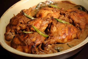 Fototapeta premium A flavorful roasted chicken dish perfectly seasoned with spices green chilies and herbs showcasing a delicious home cooked meal