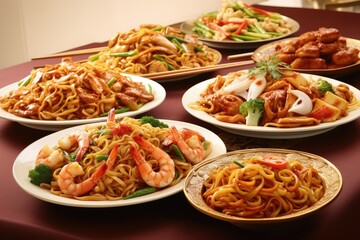 An inviting assortment of Chinese cuisine showcases stir fried noodles and shrimp alongside vibrant vegetables arranged beautifully on plates