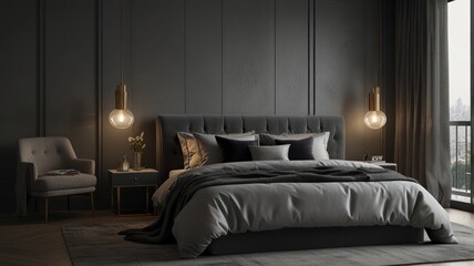A bedroom with the elegance and versatility of a modern gray color palette. The dark textured wall creates a dramatic backdrop. The minimalist bedroom design evokes a sense of calm and sophistication.