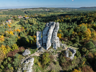 Aerial drone view of Rzedkowice limstone Rocks.Group of rocks in Rzedkowice town. Jurassic limstone...