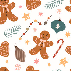 Cute seamless pattern with gingerbread and decorations for Christmas