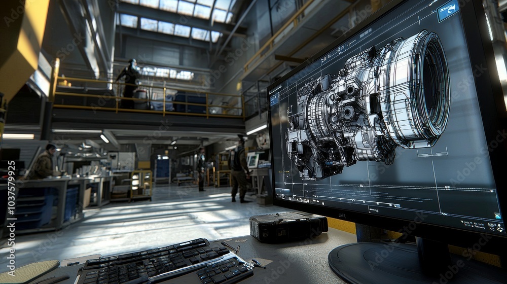Poster an automation engineer uses a laptop to program a robot arm while a female mechanical engineer desig