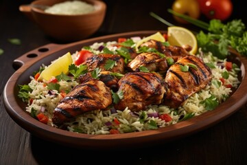 A beautifully arranged platter showcases grilled chicken pieces over a bed of seasoned rice garnished with fresh herbs lemon and vibrant vegetables