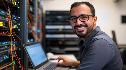 Server engineer, Caucasian IT professional admin using laptop computer doing data transfer operation with rack server cabinets in digital room of data center. Cyber security.