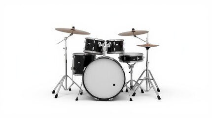 A vibrant red drum set positioned on a white surface, showcasing its gleaming chrome hardware and inviting musicians for a creative session