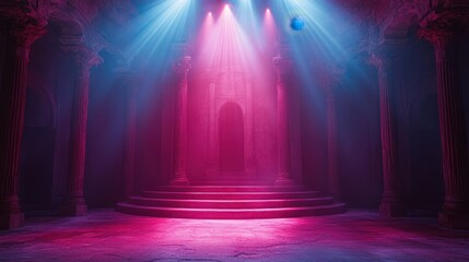 A captivating stage illuminated by colorful lights and mystical atmosphere perfect for concerts and performances