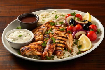 A plate of grilled chicken is beautifully arranged with fragrant rice vibrant vegetables and zesty sauces perfect for a healthy meal