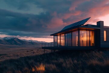 Obraz premium Modern house with solar panels at dusk.