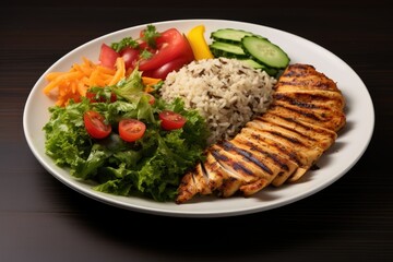 Grilled chicken breast is served alongside brown rice and a colorful mix of fresh vegetables offering a nutritious meal option at dinner time