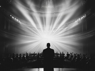 Silhouette of a conductor leading an orchestra