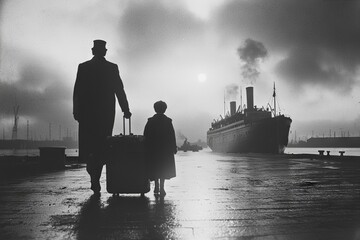 A man and child walk away from a large ship.