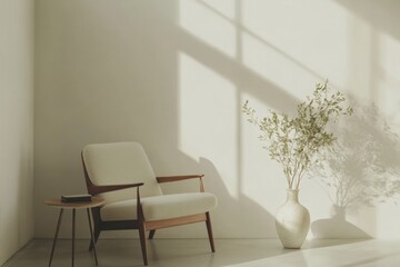 A white chair is sitting in front of a white wall