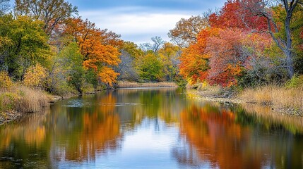 Autumn River Reflection: Serene autumn landscape with vibrant foliage reflecting in a tranquil river, showcasing the beauty of nature's seasonal transformation. 