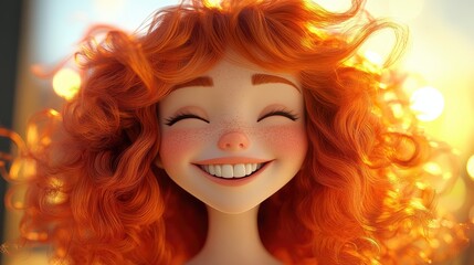 Fototapeta premium 3D Cartoon of a cheerful redhead girl with curly hair smiling and laughing at the camera against a bright background