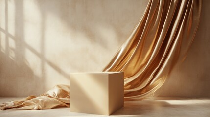 Elegant backdrop for branding and product display featuring a beige podium draped with flowing gold fabric 3D rendered illustration