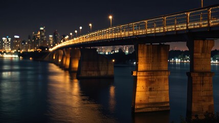 Fototapeta premium A bridge illuminated at night with a city skyline in the distance.