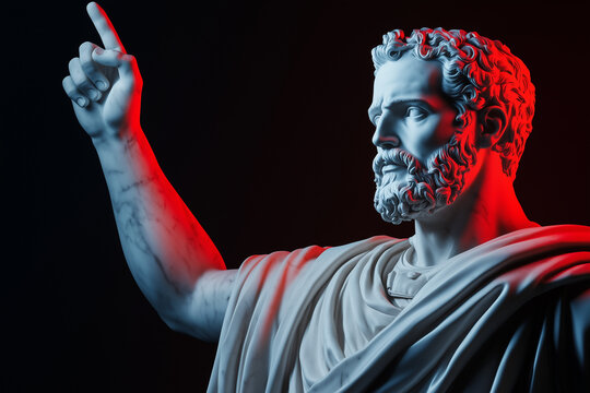 statue of Socrates, Plato, Aristotle, Pericles, Alexander the Great, Zeus, Heraclito in black background