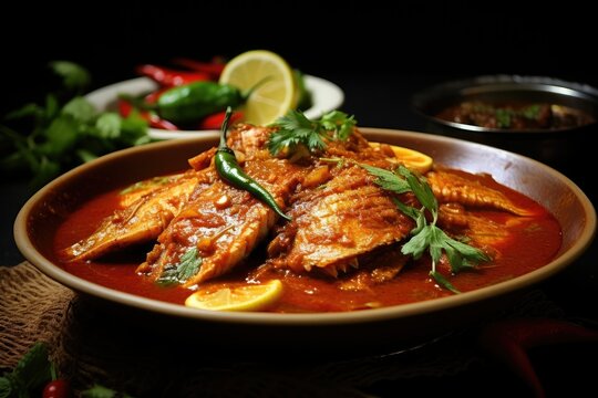 A hearty dish of spicy fish curry takes center stage beautifully garnished with fresh green chilies and lemon slices enhancing its vibrant appeal