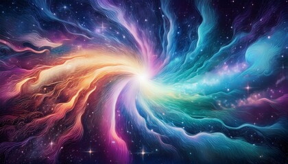 Galactic Aurora Detonation Imagine a cosmic scene where a burst of aurora-like ribbons—teal, magenta, and golden yellow—erupts from a small, swirling galaxy at the center.