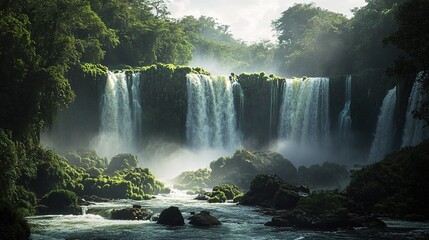 Fototapeta premium Serene Waterfall in Lush Rainforest: A breathtaking view of a cascading waterfall