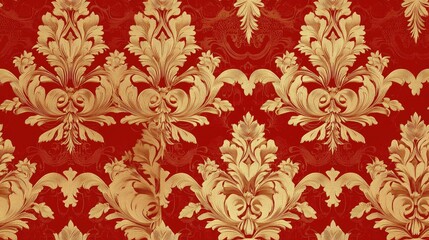 Antique golden wallpaper with a repeatable damask pattern Seamless design featuring a golden element on a red background showcasing a floral ornament in baroque style