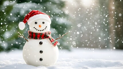 Fototapeta premium Snowman in a Santa Hat with a Scarf in the Snow