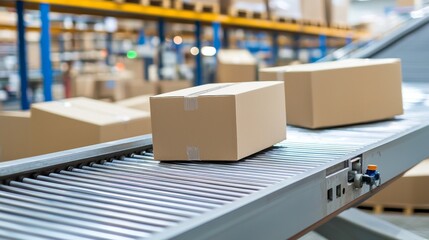 Conveyor belt conveying ecommerce packages in a logistics warehouse, generative stock