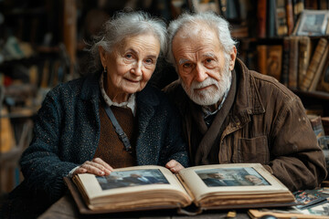 An elderly couple reminiscing over old photo albums, showcasing the importance of memories and reflection. Concept of nostalgia.