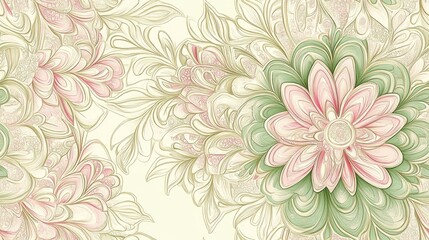 Hand drawn illustration featuring an elegant pink and green seamless pattern with mandala elements