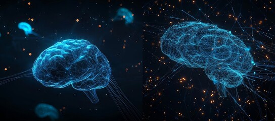 Obraz premium A transparent background with a brain with line networks and dots