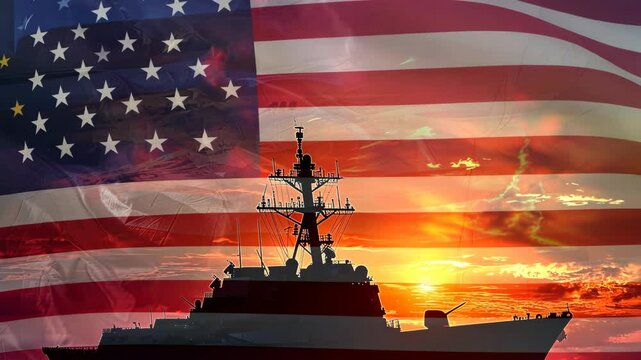 A majestic naval destroyer stands tall as the sun sets, casting a warm glow. The American flag ripples gracefully, symbolizing strength and freedom in the evening sky
