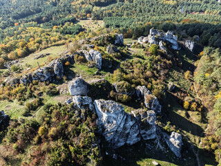 Aerial drone view of Zborow Hill, Poland. Limestone rock formation at peak of Gora Zborow,...