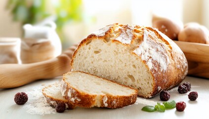 Freshly baked bread with slices, surrounded by flour and berries.