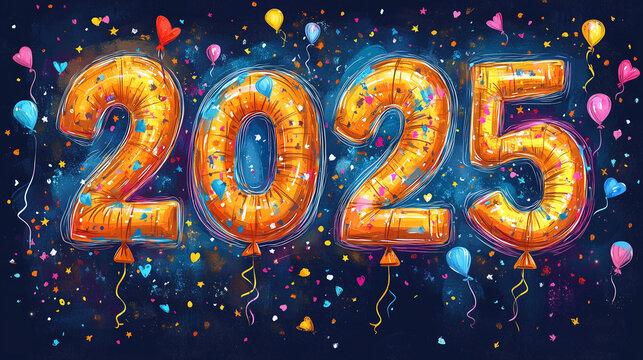 desenho vetorial de bal&otilde;es de 2025 fundo azul confetes