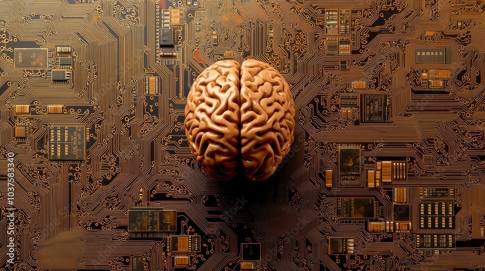 Poster a conceptual digital brain atop a microprocessor symbolizes advanced stock markets and machine learn