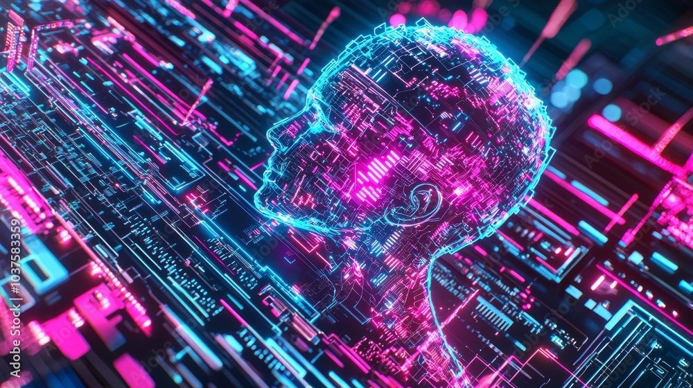 Poster stock computer head with glowing data lines and glowing lines on the side