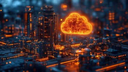 futuristic data center visualization glowing network connections forming cloud shape holographic interface with streaming information