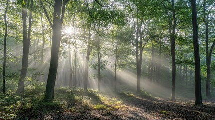 Naklejka premium Sunbeams Through the Mist: A serene and ethereal scene of sunlight piercing through the fog in a dense forest, creating a magical and mystical atmosphere. 