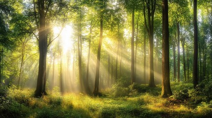 Obraz premium Golden Rays of Hope: A serene forest bathed in the ethereal glow of sunlight streaming through the trees. The image evokes a sense of peace, tranquility, and the promise of new beginnings. 