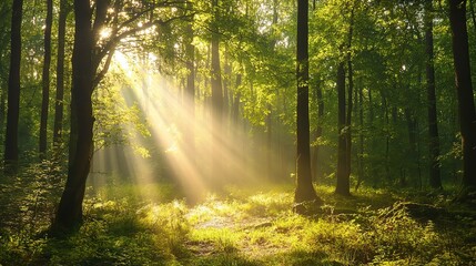 Sunbeams Dancing Through the Forest:  A magical scene of sunlight streaming through lush green trees, creating a mystical and serene atmosphere. 