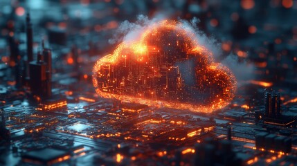 futuristic data center visualization glowing network connections forming cloud shape holographic interface with streaming information