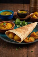 Indian dosa with vegetable fillings and chutneys on a table