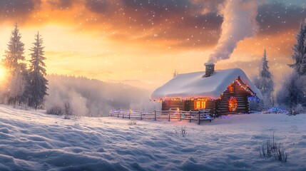 A Cozy Cabin Adorned with Lights in a Snowy Winter Wonderland