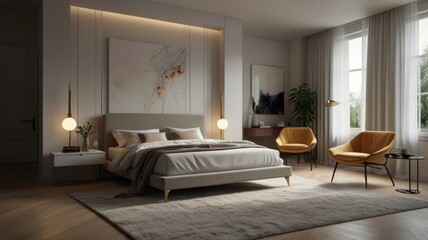 A serene bedroom bathed in soft natural light. Crisp white walls and bedding create a clean and airy feel. Minimalist aesthetics in the artwork and soft light from the pendant light.