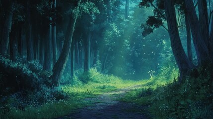 Enchanted Forest Pathway Under Moonlit Night with Lush Greenery and Serene Atmosphere