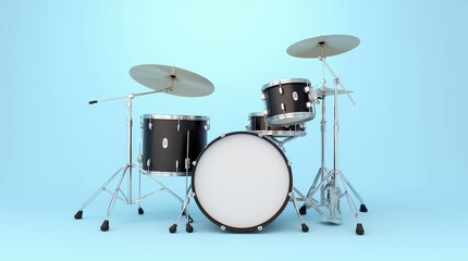 A vibrant red drum set positioned on a blue surface, showcasing its gleaming chrome hardware and inviting musicians for a creative session