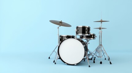 A vibrant red drum set positioned on a blue surface, showcasing its gleaming chrome hardware and inviting musicians for a creative session