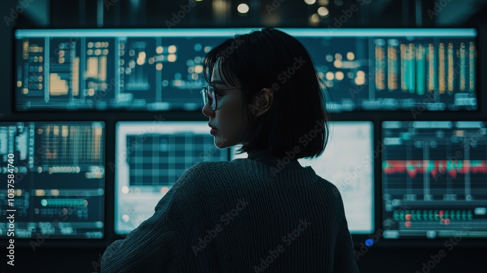 Poster a technical operator stands and monitors various activities on multiple displays with graphics in th