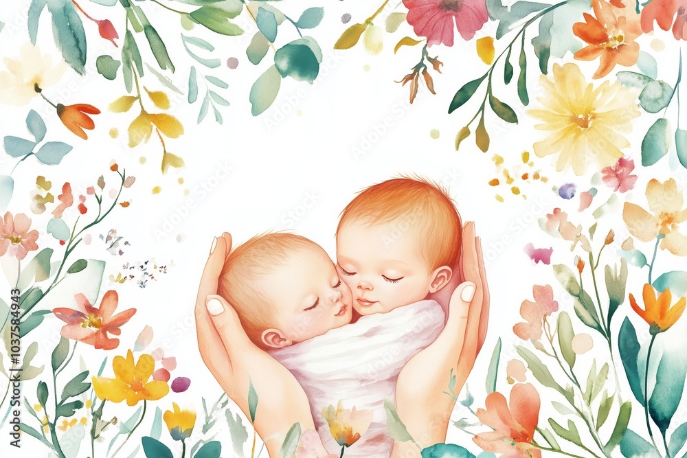 Wall mural mom and baby with floral frame. hands of mother and child. motherhood. happy family maternity concep