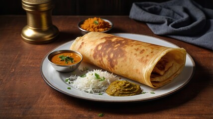 Savory dosa with chutney and sambol on a wooden table